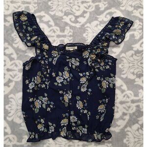 NWT Max Studio Navy Blue Floral Ruffle Sleeve Top/Size X-Small